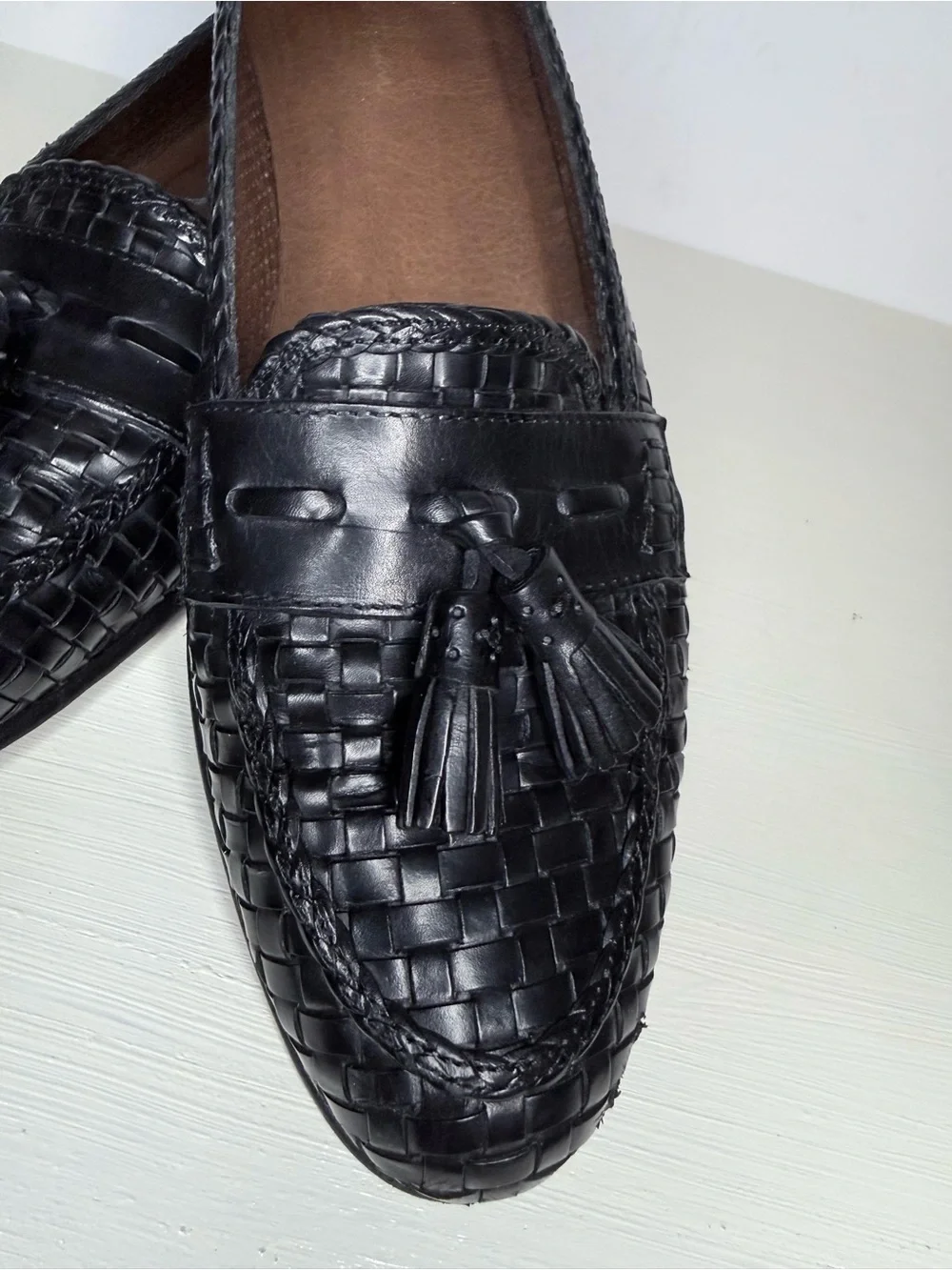 Cole Haan Black Woven Leather Tassel Loafers